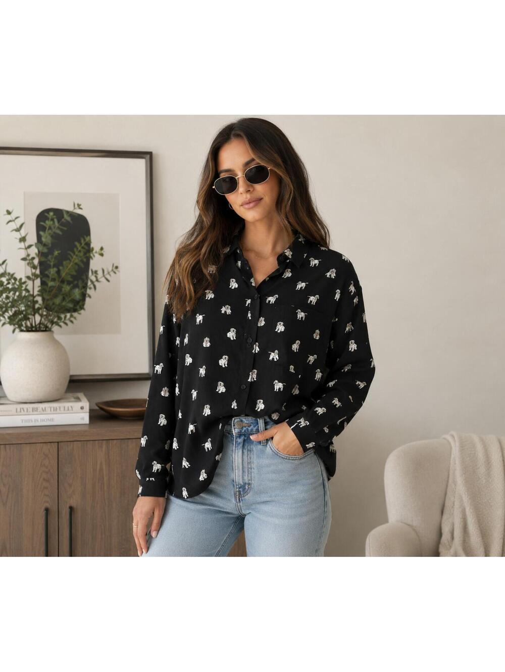 Torrid Black Dog Print Button Front Long Sleeve Blouse Size 4